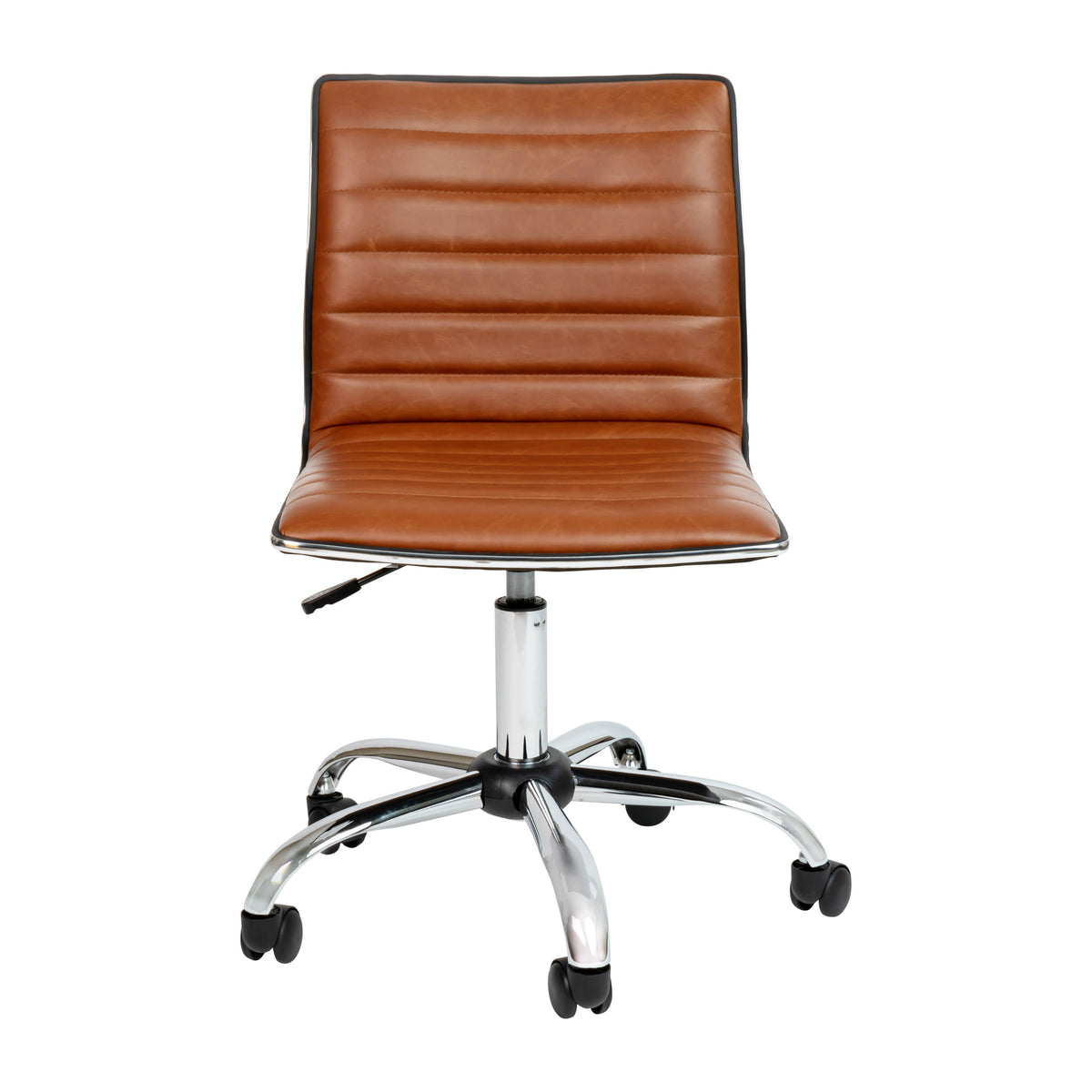 Brown Vinyl/Chrome Frame |#| Low Back Designer Armless Brown Ribbed Swivel Task Office Chair, Desk Chair