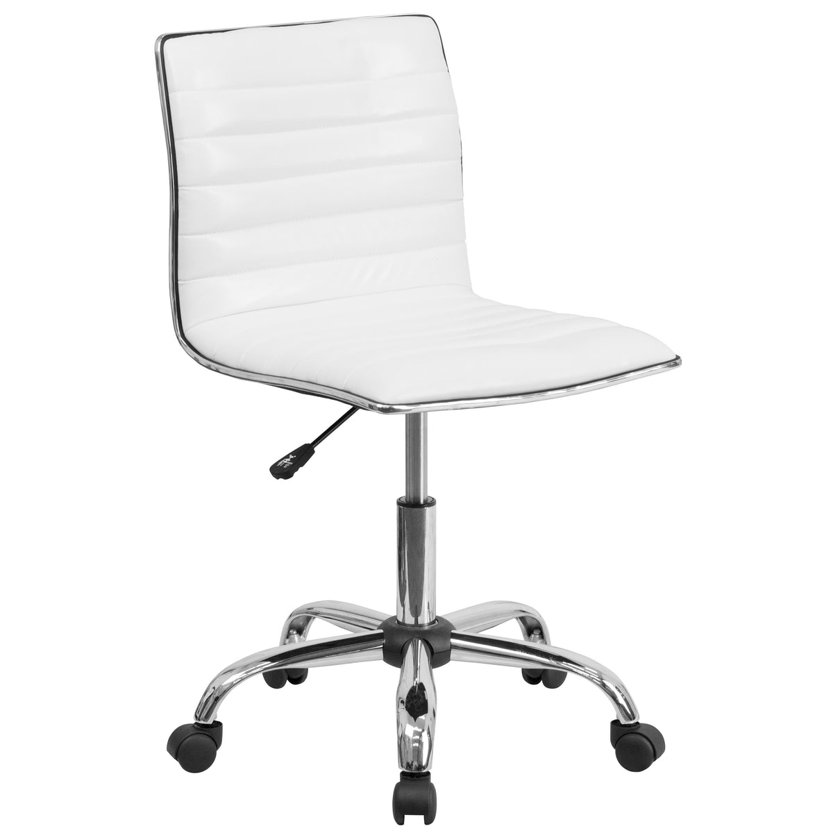 White Vinyl/Chrome Frame |#| Low Back Designer Armless White Ribbed Swivel Task Office Chair - Home Office