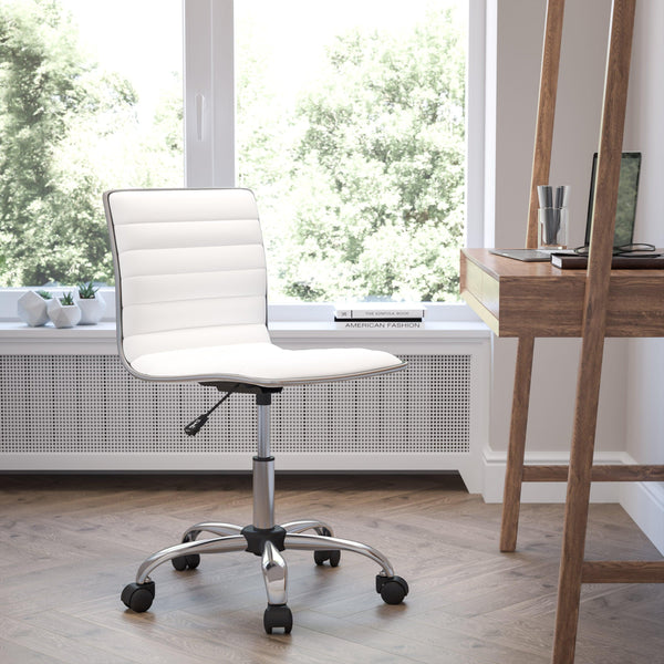 White Vinyl/Chrome Frame |#| Low Back Designer Armless White Ribbed Swivel Task Office Chair - Home Office