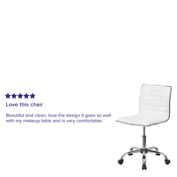 White Vinyl/Chrome Frame |#| Low Back Designer Armless White Ribbed Swivel Task Office Chair - Home Office