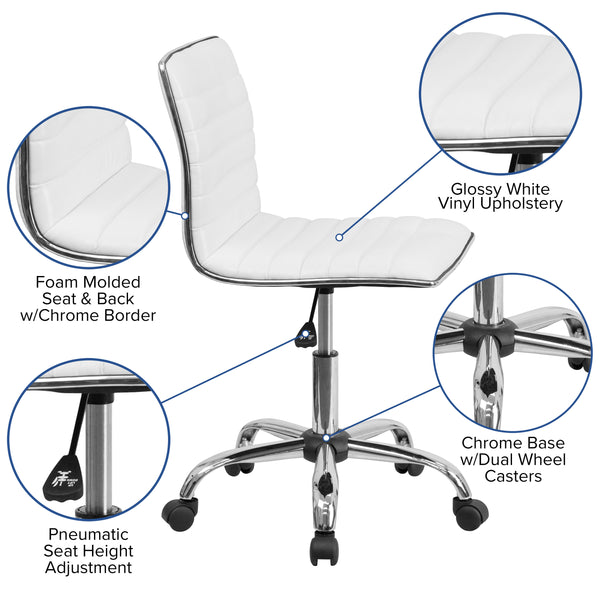 White Vinyl/Chrome Frame |#| Low Back Designer Armless White Ribbed Swivel Task Office Chair - Home Office