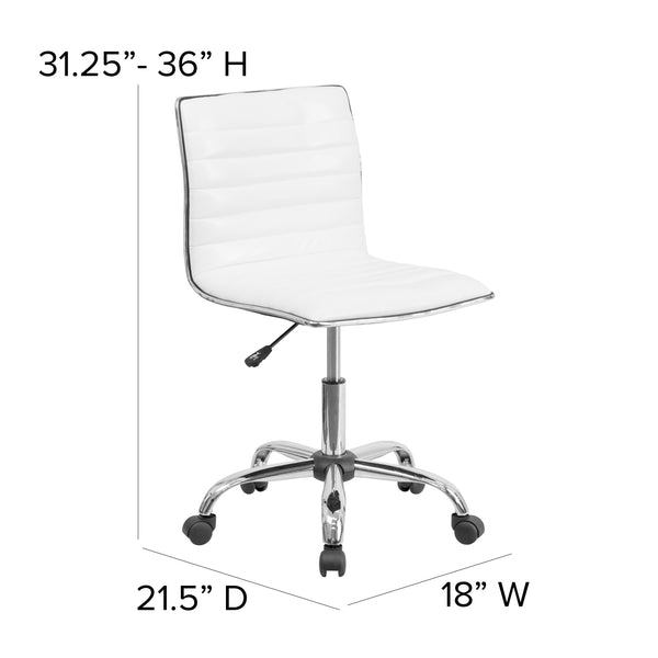 White Vinyl/Chrome Frame |#| Low Back Designer Armless White Ribbed Swivel Task Office Chair - Home Office