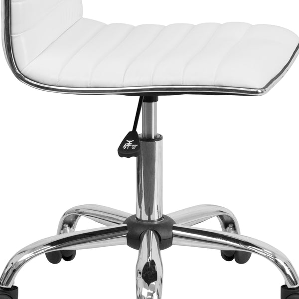 White Vinyl/Chrome Frame |#| Low Back Designer Armless White Ribbed Swivel Task Office Chair - Home Office