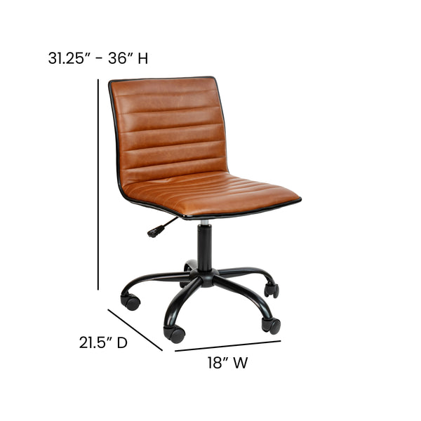 Brown Vinyl/Black Frame |#| Low Back Designer Armless Brown Ribbed Swivel Task Office Chair - Home Office