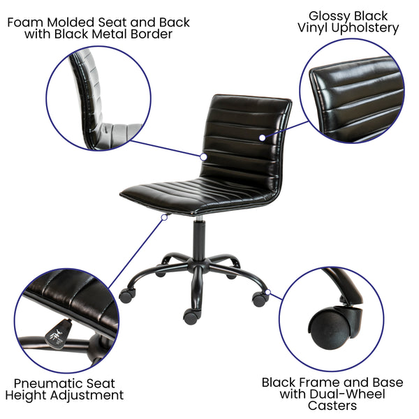 Black Vinyl/Black Frame |#| Low Back Designer Armless Black Ribbed Swivel Task Office Chair - Home Office