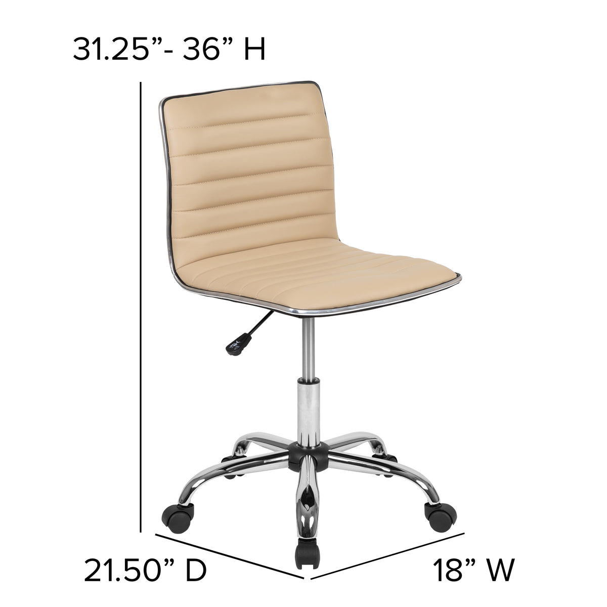 Tan Vinyl/Chrome Frame |#| Low Back Designer Armless Tan Ribbed Swivel Task Office Chair, Desk Chair