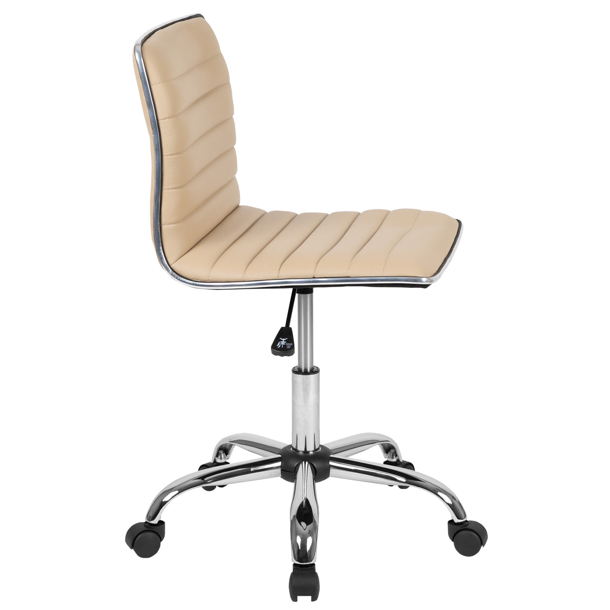 Tan Vinyl/Chrome Frame |#| Low Back Designer Armless Tan Ribbed Swivel Task Office Chair, Desk Chair