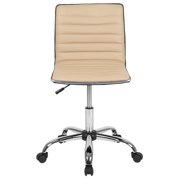 Tan Vinyl/Chrome Frame |#| Low Back Designer Armless Tan Ribbed Swivel Task Office Chair, Desk Chair