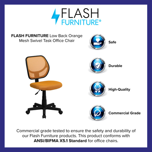 Orange |#| Low Back Orange Transparent Mesh Back Adjustable Height Swivel Task Office Chair
