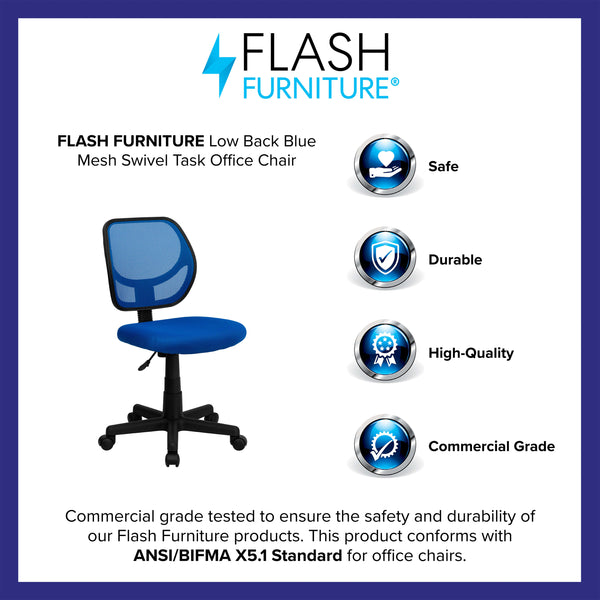 Blue |#| Low Back Blue Transparent Mesh Back Adjustable Height Swivel Task Office Chair