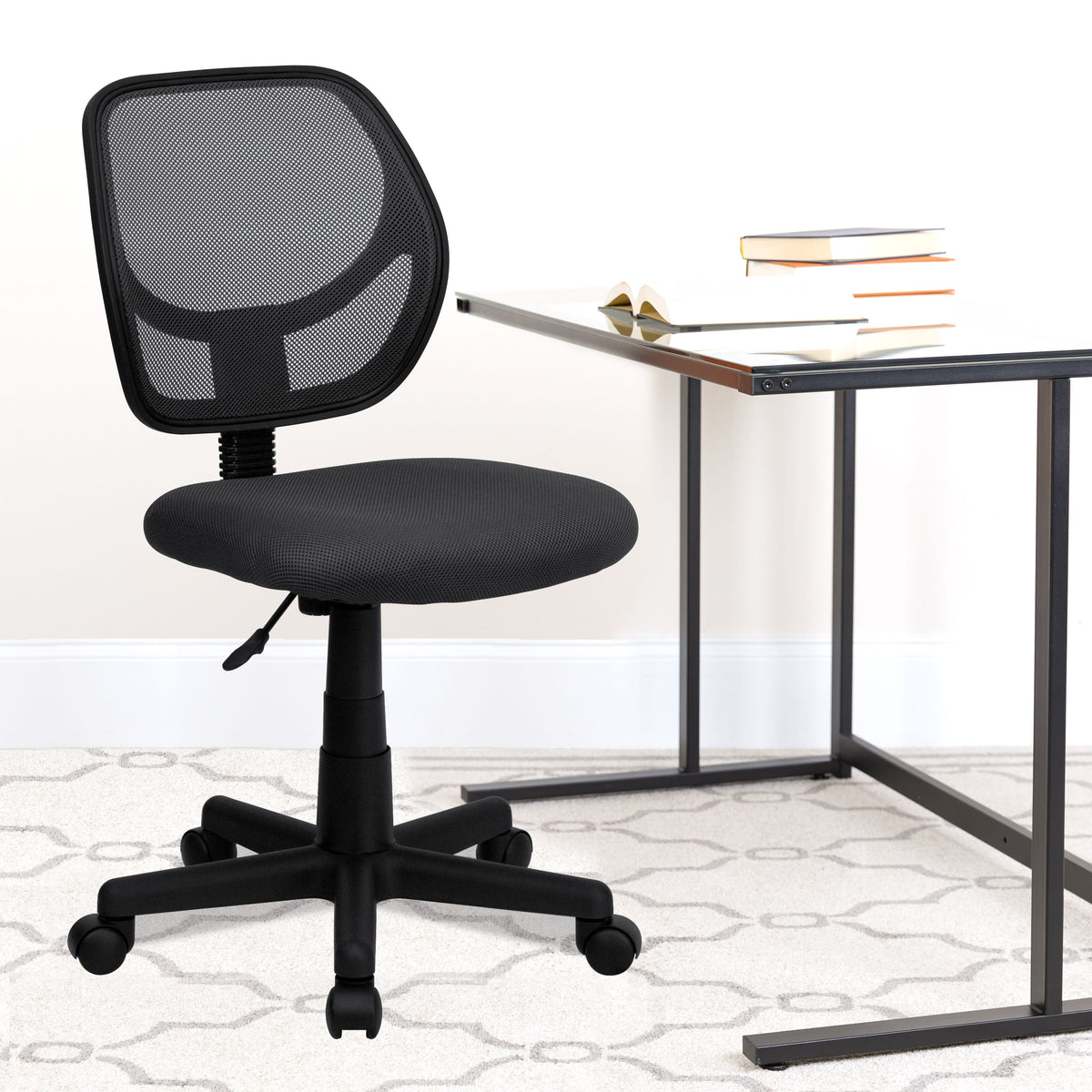 Gray |#| Low Back Gray Transparent Mesh Swivel Task Office Chair with Curved Square Back