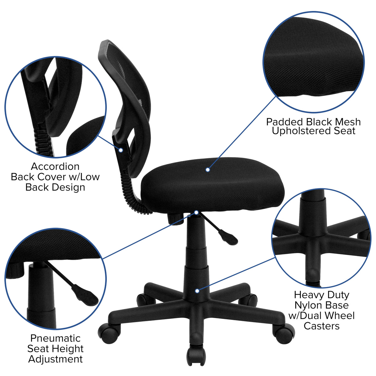 Black |#| Low Back Black Mesh Swivel Task Office Chair with Curved Square Back