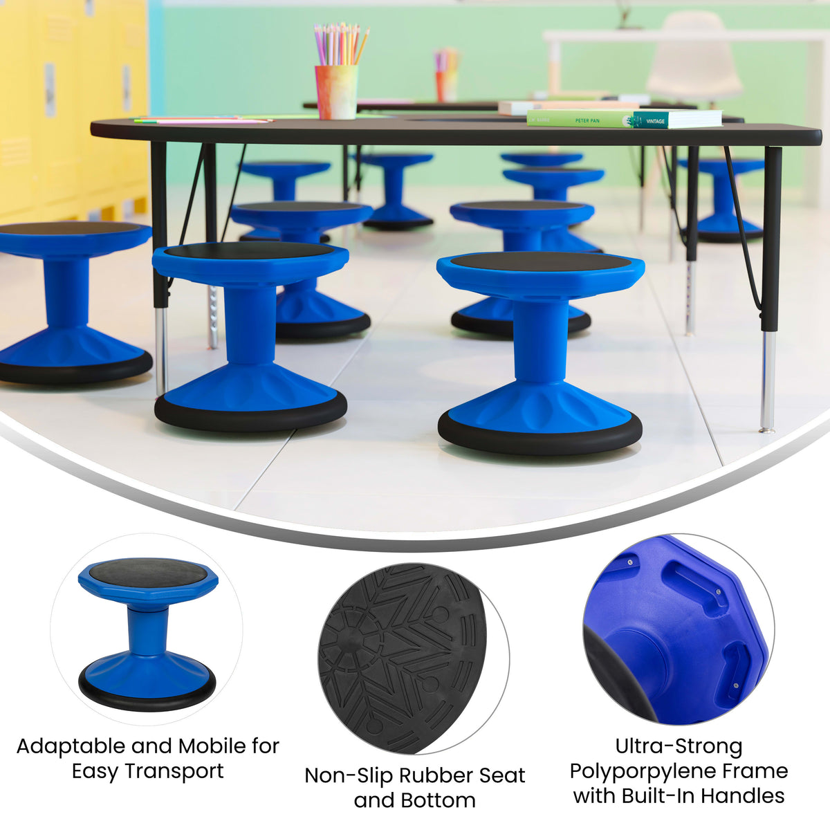 Blue |#| Commercial Fixed Height Collaborative Wobble Stool with 12" Seat Height in Blue