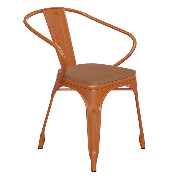Orange/Teak |#| All-Weather Metal Stack Chair with Arms and Poly Resin Seat - Orange/Teak