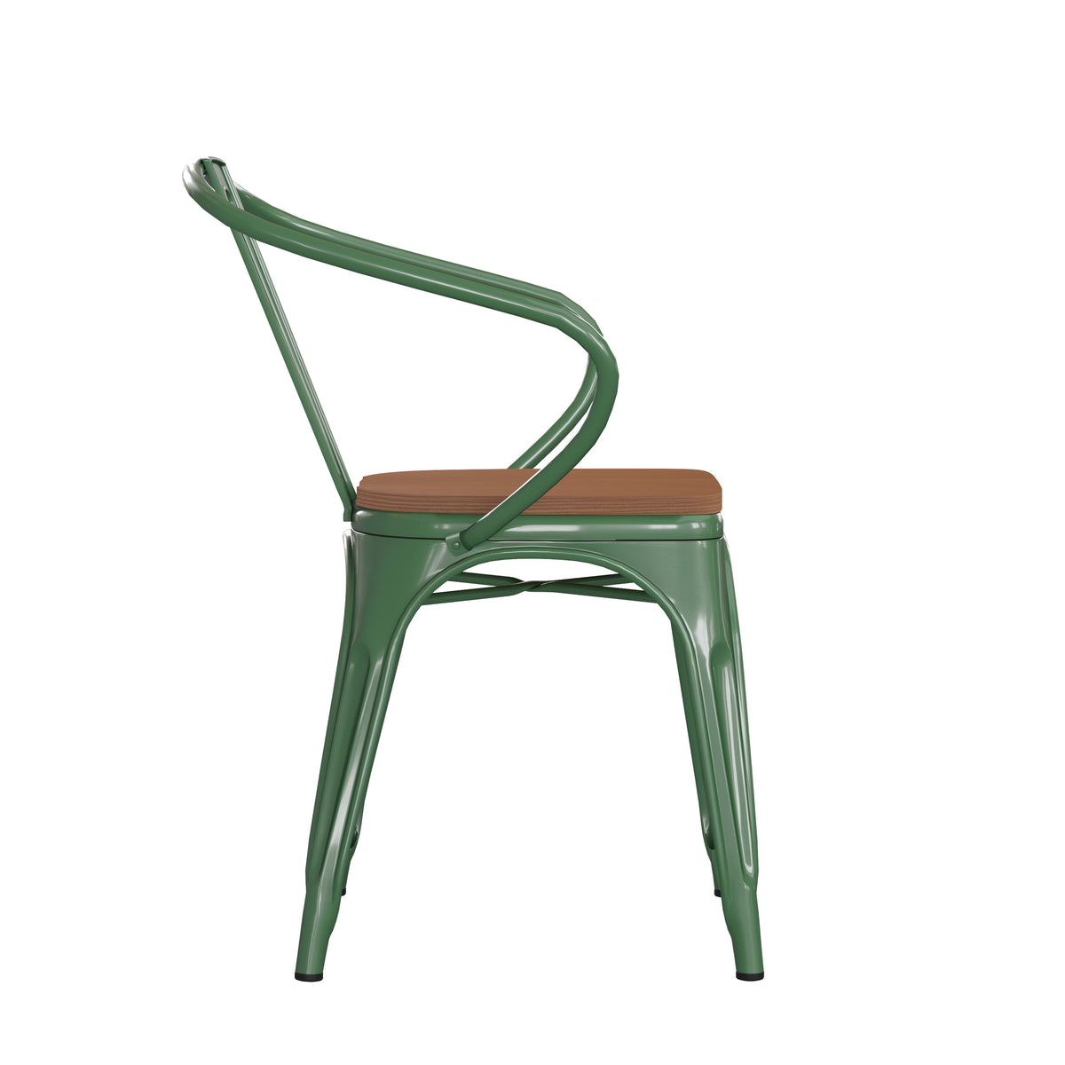 Green/Teak |#| All-Weather Metal Stack Chair with Arms and Poly Resin Seat - Green/Teak