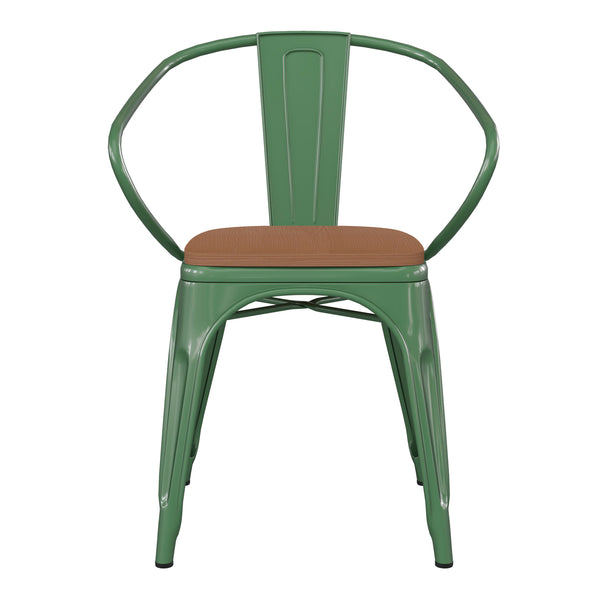 Green/Teak |#| All-Weather Metal Stack Chair with Arms and Poly Resin Seat - Green/Teak