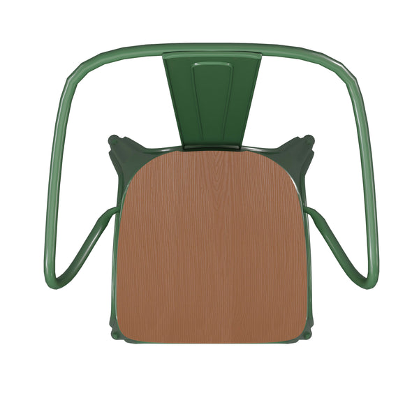 Green/Teak |#| All-Weather Metal Stack Chair with Arms and Poly Resin Seat - Green/Teak