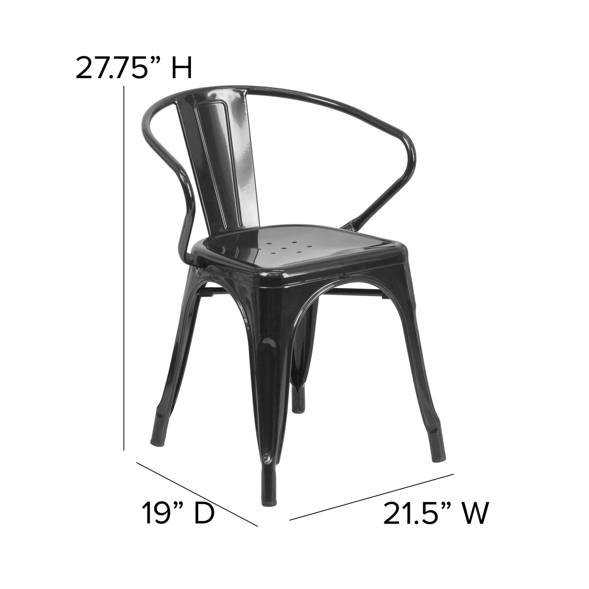 Black/Black |#| All-Weather Metal Stack Chair with Arms and Poly Resin Seat - Black/Black