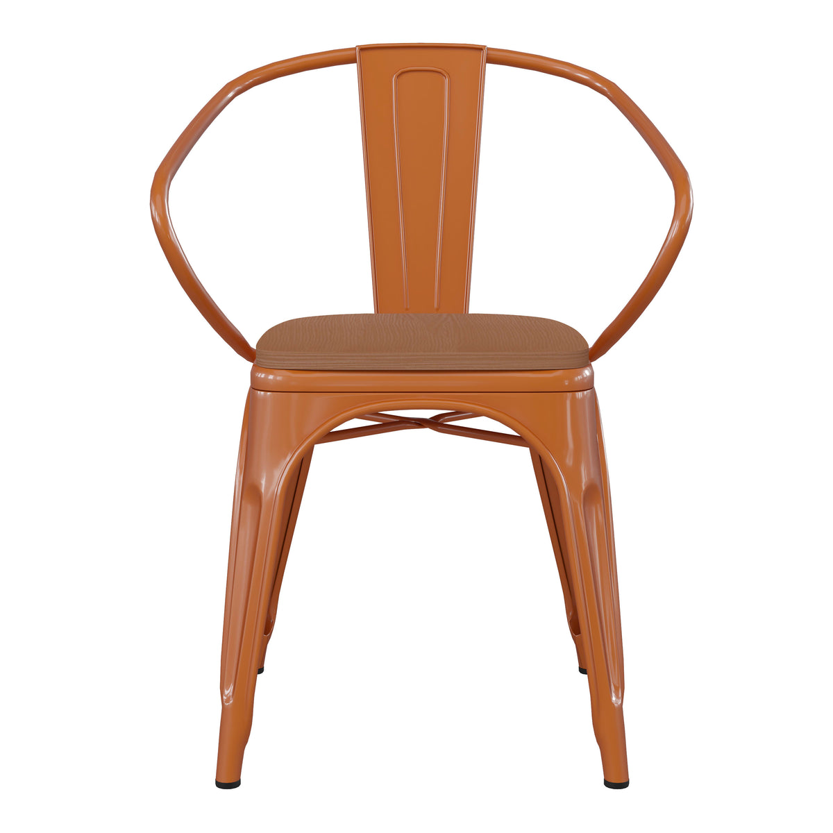 Orange/Teak |#| All-Weather Metal Stack Chair with Arms and Poly Resin Seat - Orange/Teak