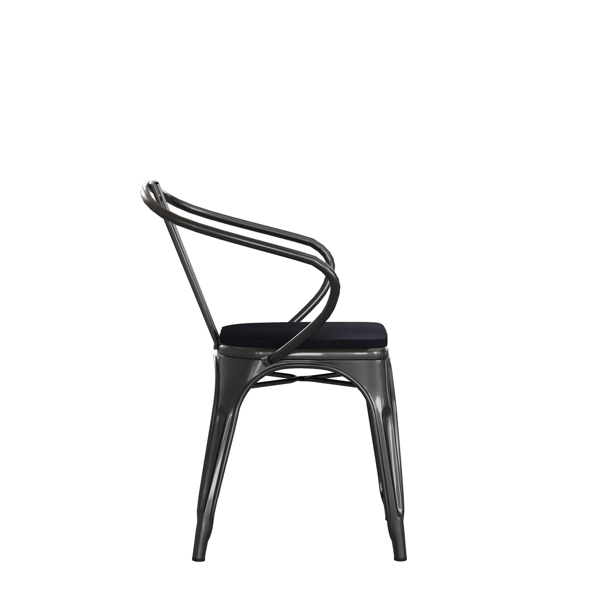 Black/Black |#| All-Weather Metal Stack Chair with Arms and Poly Resin Seat - Black/Black