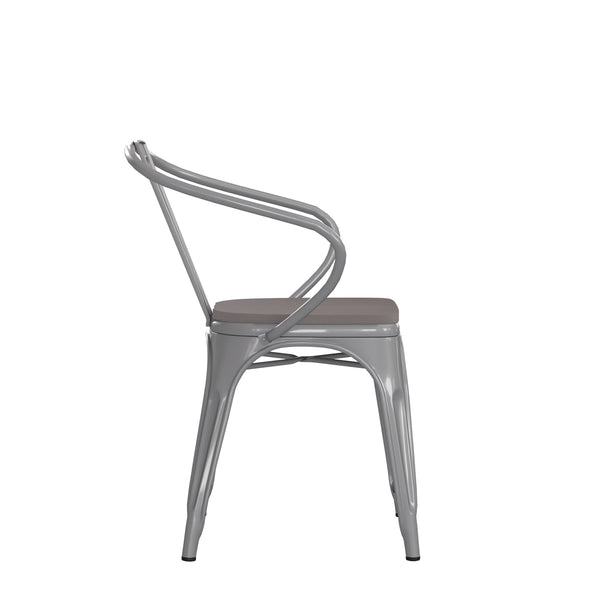 Silver/Gray |#| All-Weather Metal Stack Chair with Arms and Poly Resin Seat - Silver/Gray