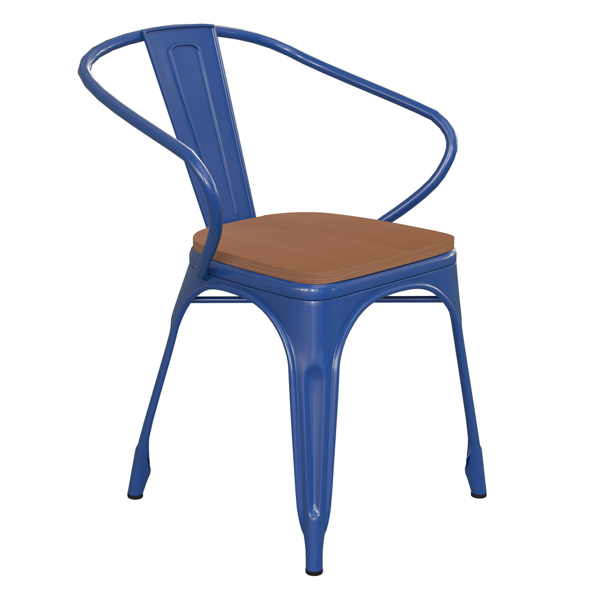 Blue/Teak |#| All-Weather Metal Stack Chair with Arms and Poly Resin Seat - Blue/Teak