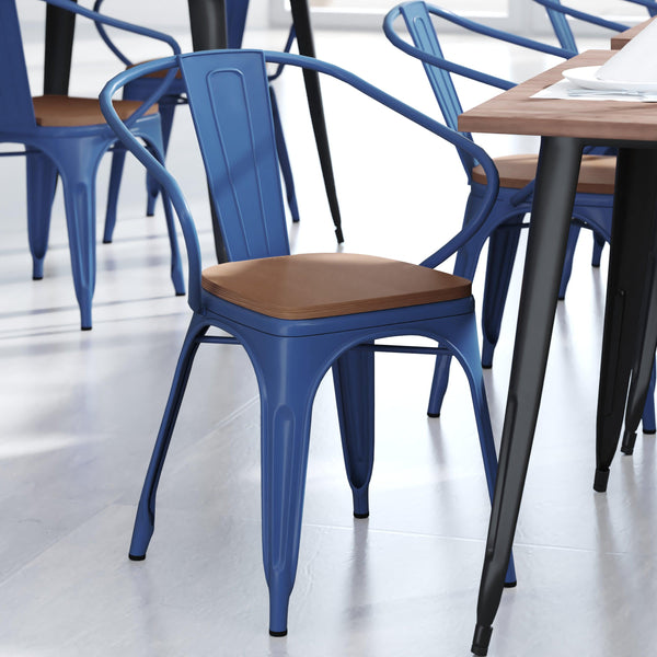 Blue/Teak |#| All-Weather Metal Stack Chair with Arms and Poly Resin Seat - Blue/Teak