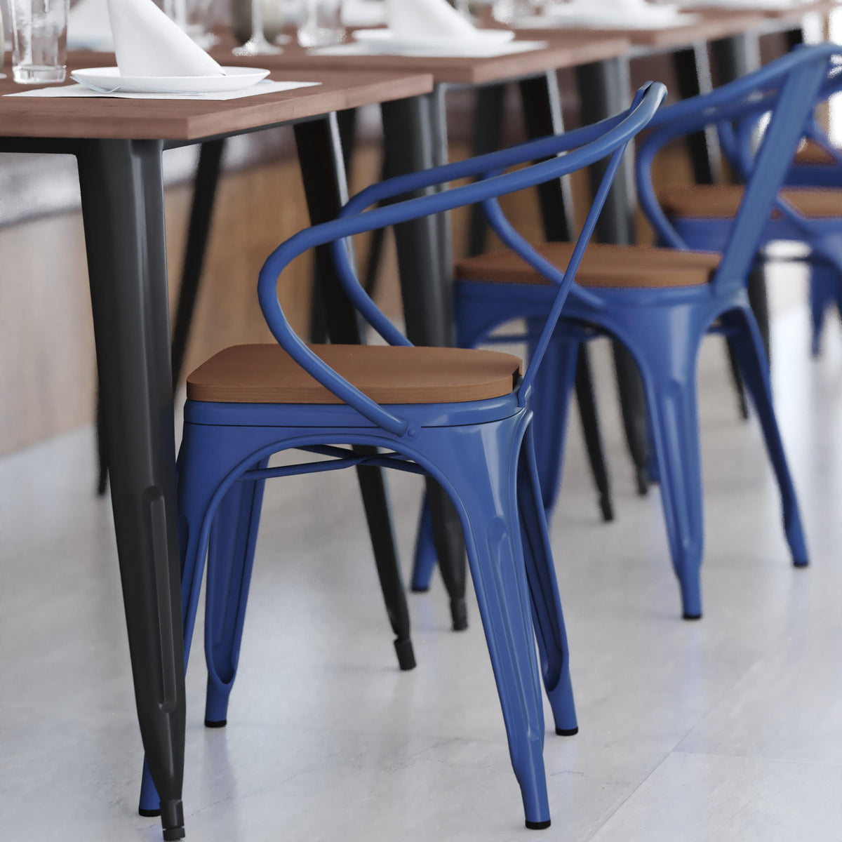 Blue/Teak |#| All-Weather Metal Stack Chair with Arms and Poly Resin Seat - Blue/Teak