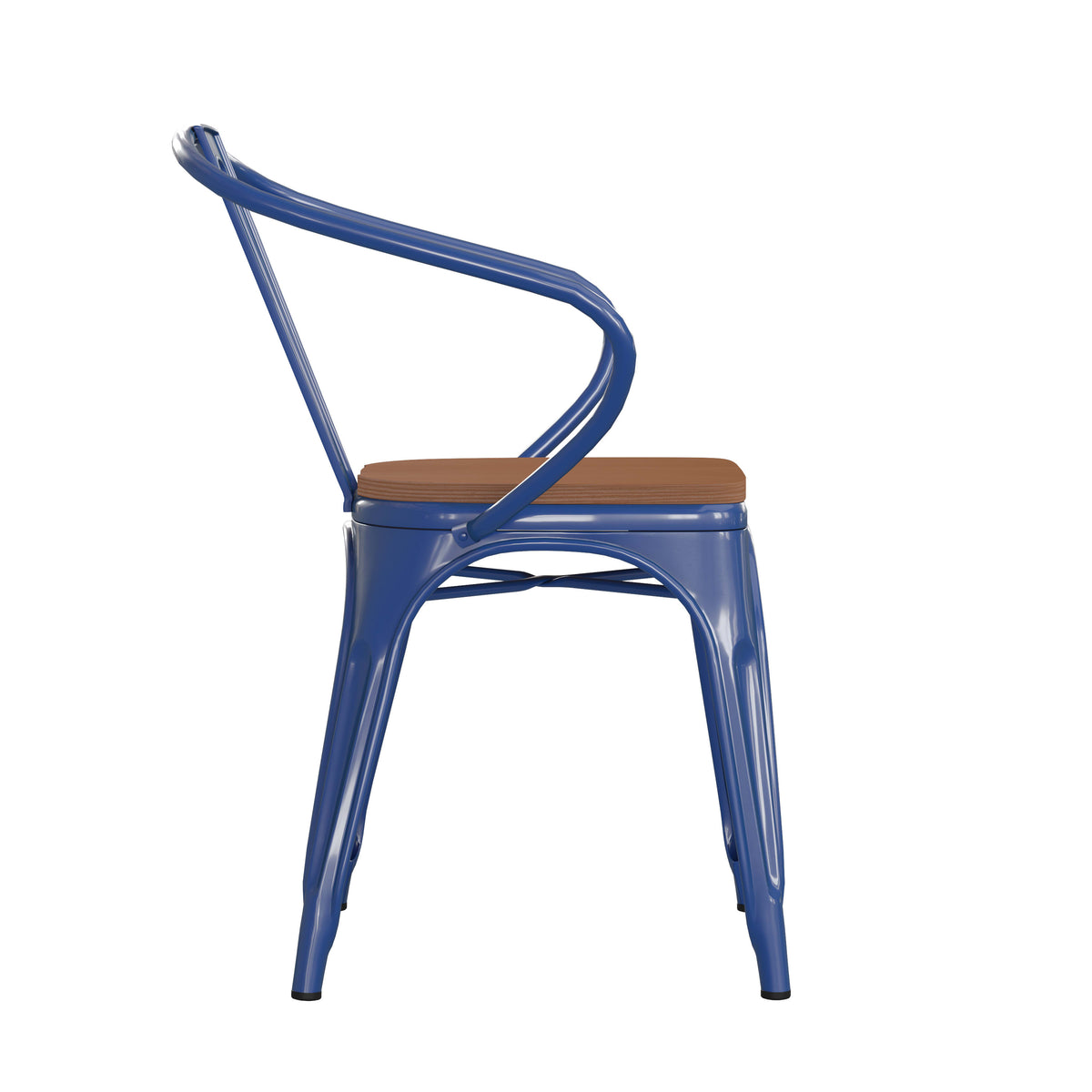 Blue/Teak |#| All-Weather Metal Stack Chair with Arms and Poly Resin Seat - Blue/Teak