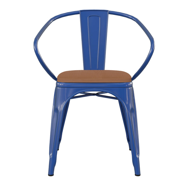 Blue/Teak |#| All-Weather Metal Stack Chair with Arms and Poly Resin Seat - Blue/Teak