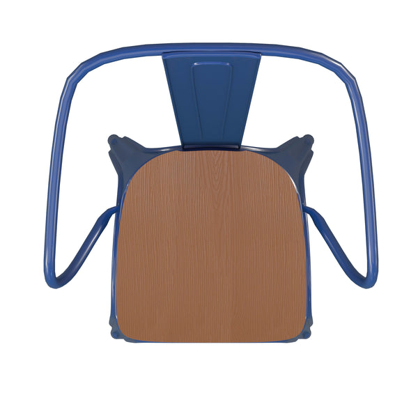 Blue/Teak |#| All-Weather Metal Stack Chair with Arms and Poly Resin Seat - Blue/Teak