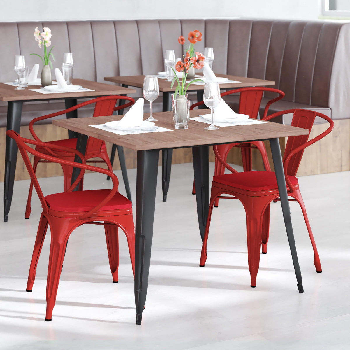 Red/Red |#| All-Weather Metal Stack Chair with Arms and Poly Resin Seat - Red/Red