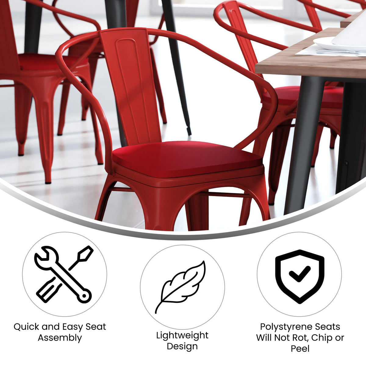 Red/Red |#| All-Weather Metal Stack Chair with Arms and Poly Resin Seat - Red/Red