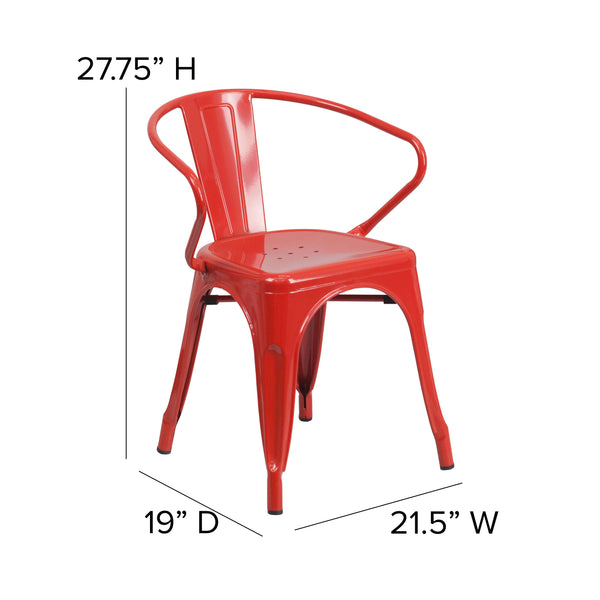 Red/Red |#| All-Weather Metal Stack Chair with Arms and Poly Resin Seat - Red/Red