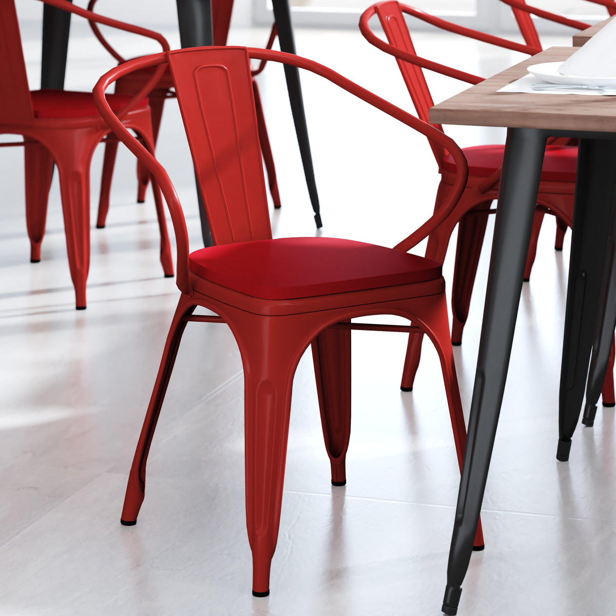 Red/Red |#| All-Weather Metal Stack Chair with Arms and Poly Resin Seat - Red/Red