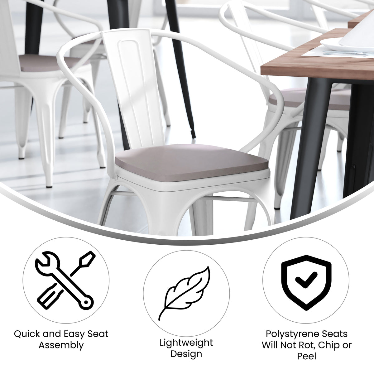 White/Gray |#| All-Weather Metal Stack Chair with Arms and Poly Resin Seat - White/Gray