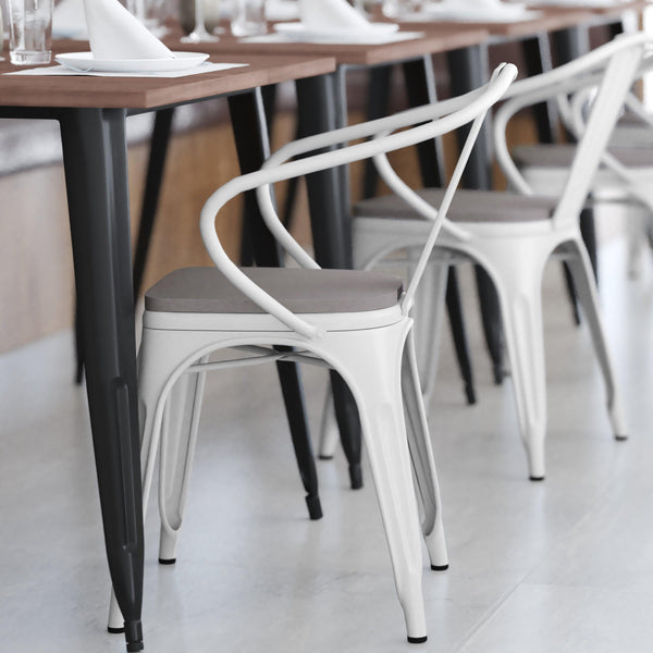 White/Gray |#| All-Weather Metal Stack Chair with Arms and Poly Resin Seat - White/Gray