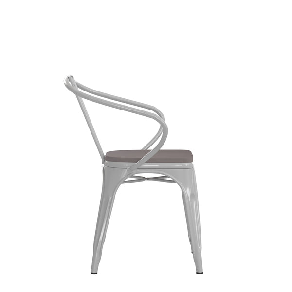 White/Gray |#| All-Weather Metal Stack Chair with Arms and Poly Resin Seat - White/Gray