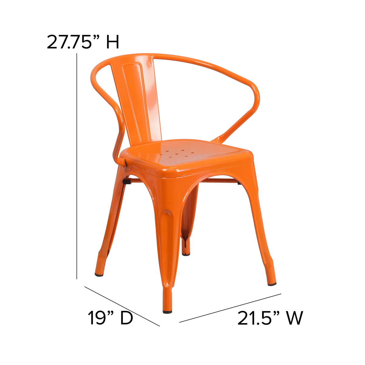 Orange/Teak |#| All-Weather Metal Stack Chair with Arms and Poly Resin Seat - Orange/Teak