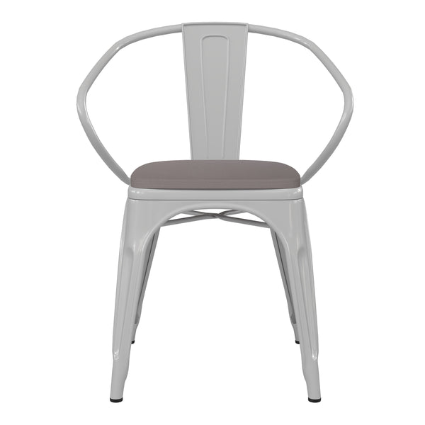 White/Gray |#| All-Weather Metal Stack Chair with Arms and Poly Resin Seat - White/Gray