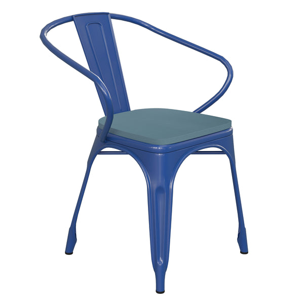 Blue/Teal-Blue |#| All-Weather Metal Stack Chair with Arms and Poly Resin Seat - Blue/Teal Blue