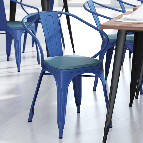 Blue/Teal-Blue |#| All-Weather Metal Stack Chair with Arms and Poly Resin Seat - Blue/Teal Blue