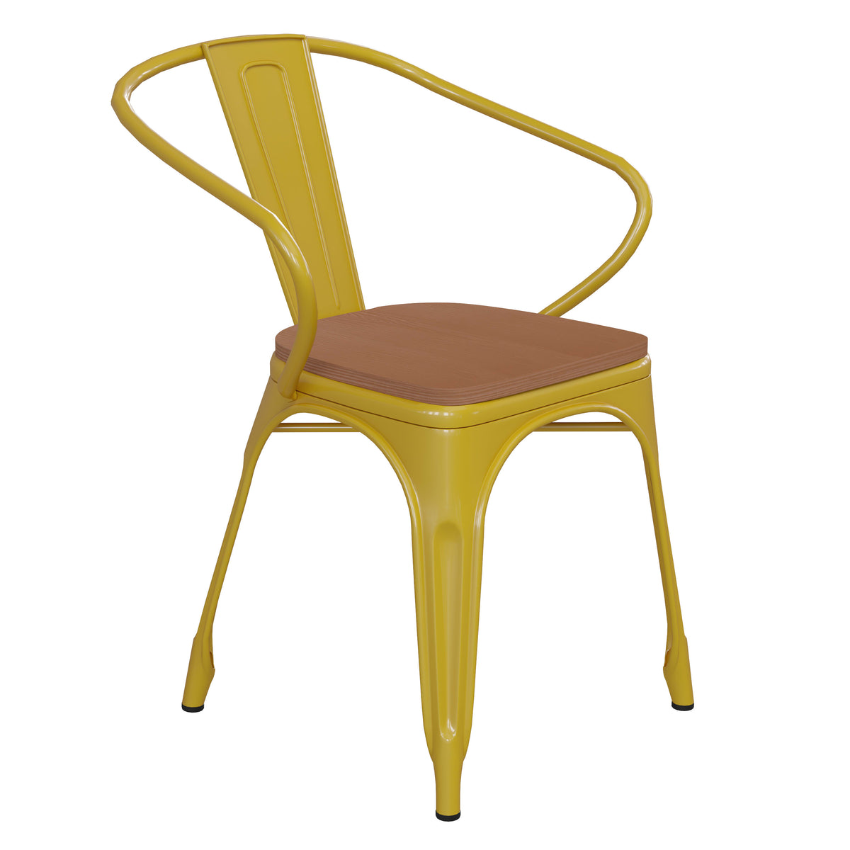 Yellow/Teak |#| All-Weather Metal Stack Chair with Arms and Poly Resin Seat - Yellow/Teak