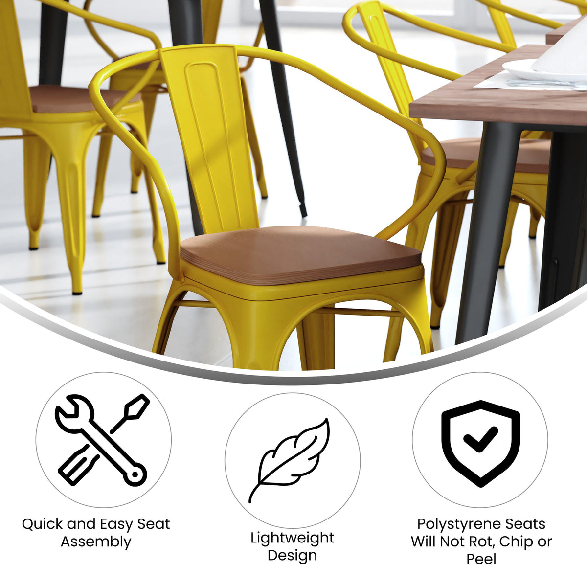 Yellow/Teak |#| All-Weather Metal Stack Chair with Arms and Poly Resin Seat - Yellow/Teak