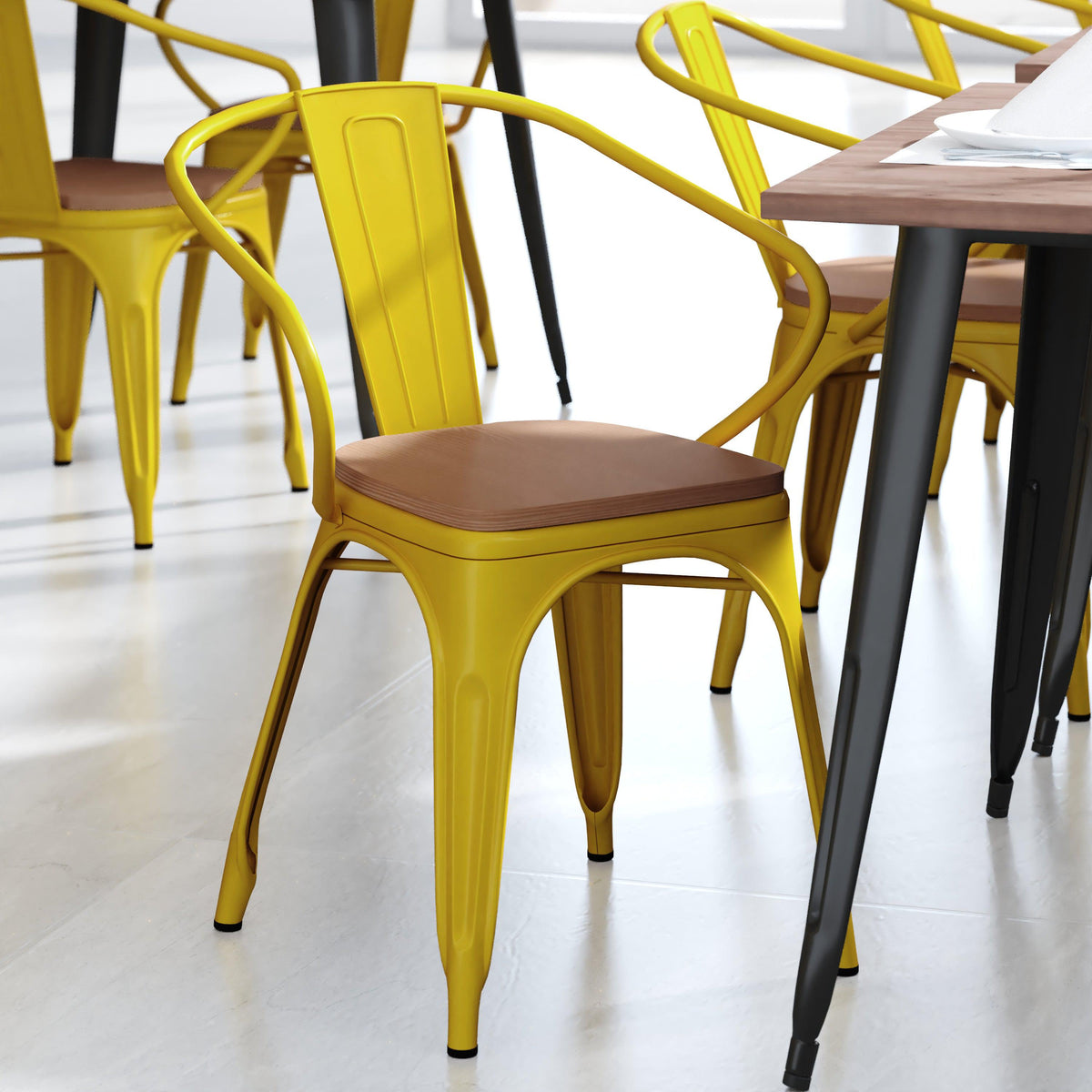 Yellow/Teak |#| All-Weather Metal Stack Chair with Arms and Poly Resin Seat - Yellow/Teak