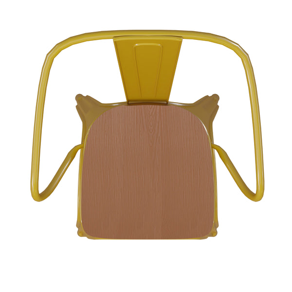 Yellow/Teak |#| All-Weather Metal Stack Chair with Arms and Poly Resin Seat - Yellow/Teak