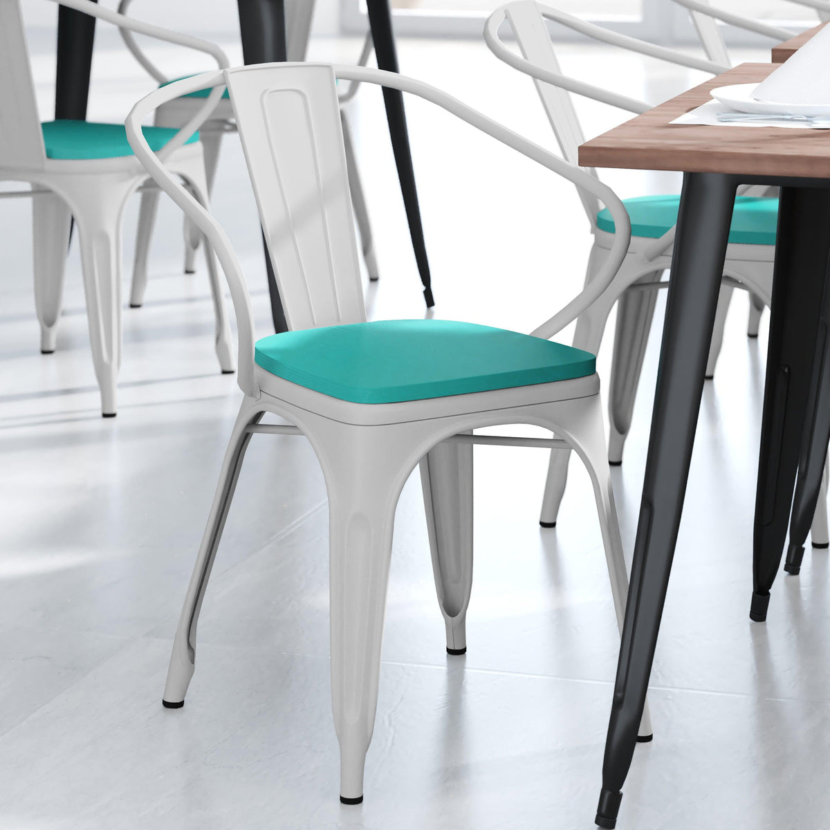 White/Mint Green |#| All-Weather Metal Stack Chair with Arms and Poly Resin Seat - White/Mint