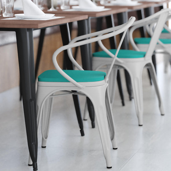 White/Mint Green |#| All-Weather Metal Stack Chair with Arms and Poly Resin Seat - White/Mint