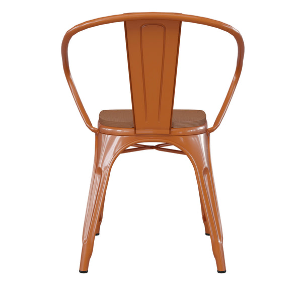 Orange/Teak |#| All-Weather Metal Stack Chair with Arms and Poly Resin Seat - Orange/Teak