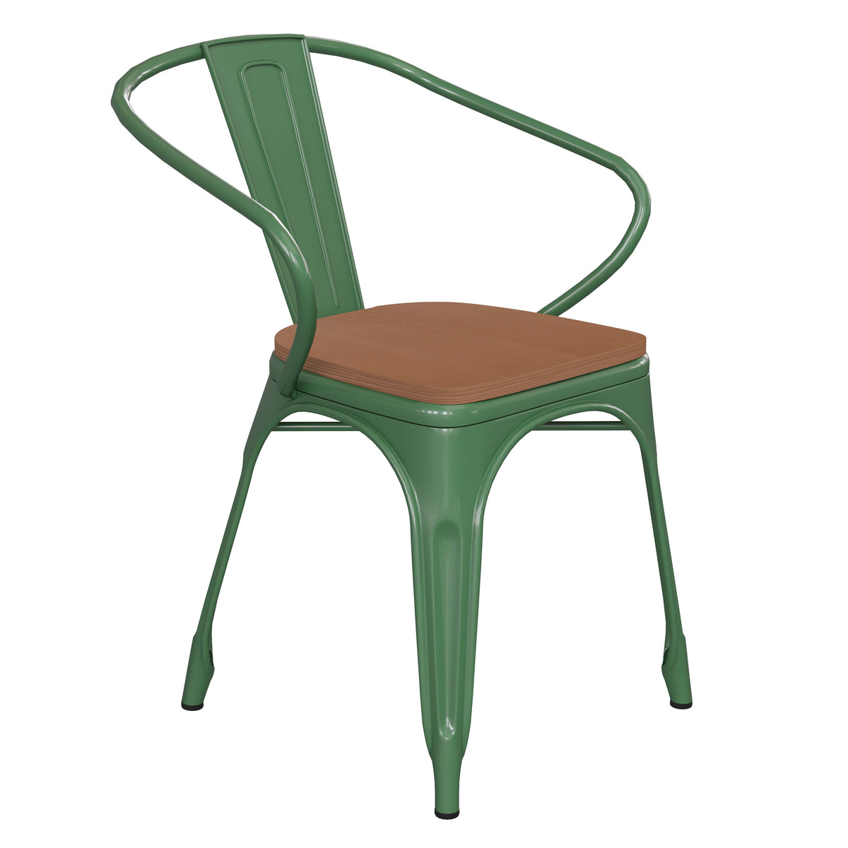 Green/Teak |#| All-Weather Metal Stack Chair with Arms and Poly Resin Seat - Green/Teak